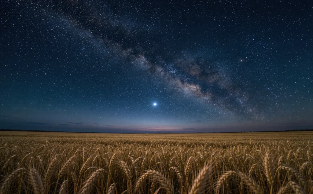 Campo di grano al crepuscolo sotto un cielo stellato con la stella Spica in evidenza