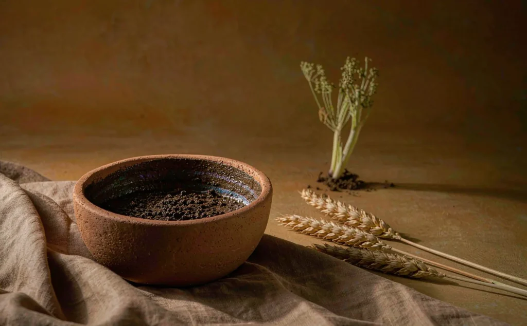 Ciotola di terracotta con terra scura, spighe di grano e panno di lino: l'elemento Terra
