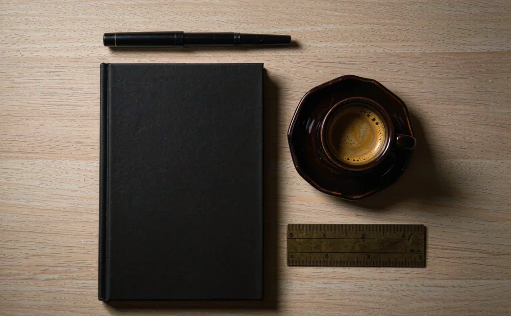 Scrivania in legno perfettamente in ordine vista dall'alto: quaderno, penna allineata, righello e tazzina di caffè