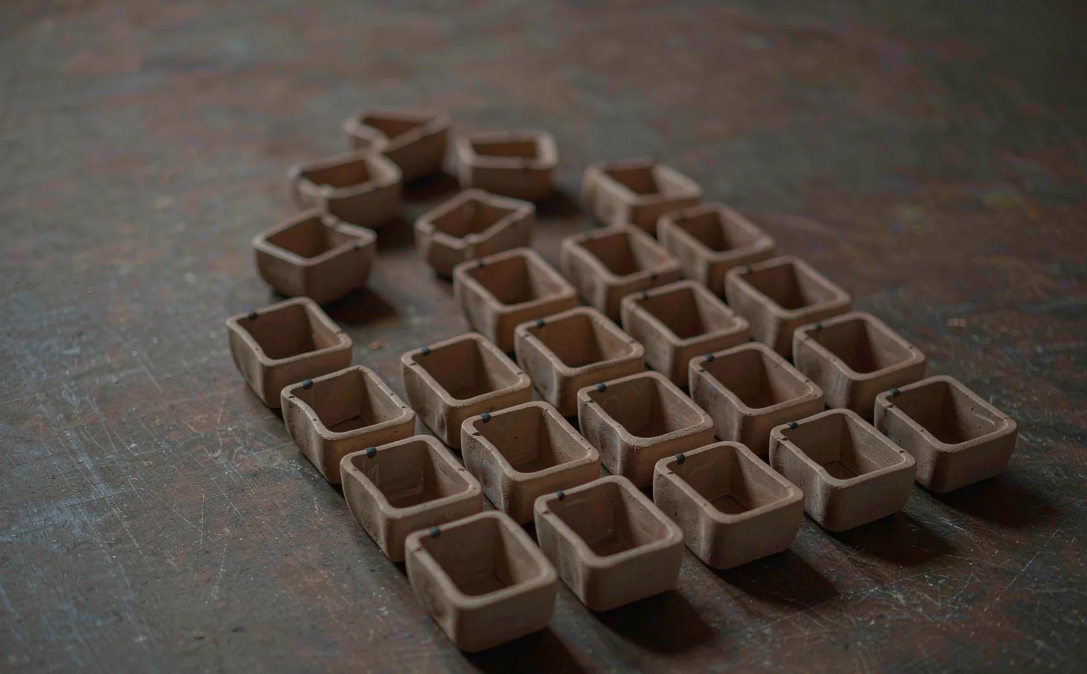 File di piccoli contenitori di ceramica allineati su una superficie consumata, con qualche pezzo fuori posto