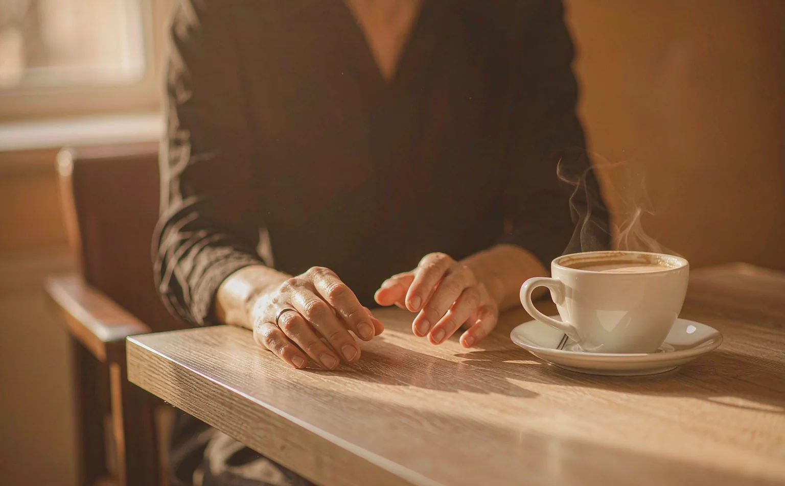 Mani che riposano accanto a una tazza di caffè, pausa dal lavoro